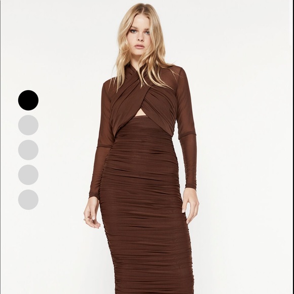 Bardot Dresses & Skirts - Bardot Ruched Crossover Front Long-sleeve Brown Midi Dress
